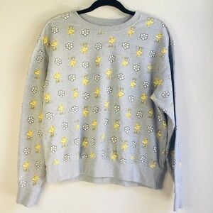 Peanuts grey/gray sweater with Woodstock and daisy all over print soft stretchy